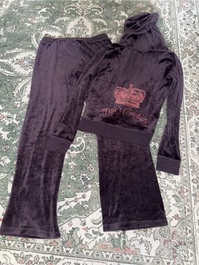 Vintage Juicy Couture Dark Purple Velour Hoodie & Pants Set with Red Crown Logo